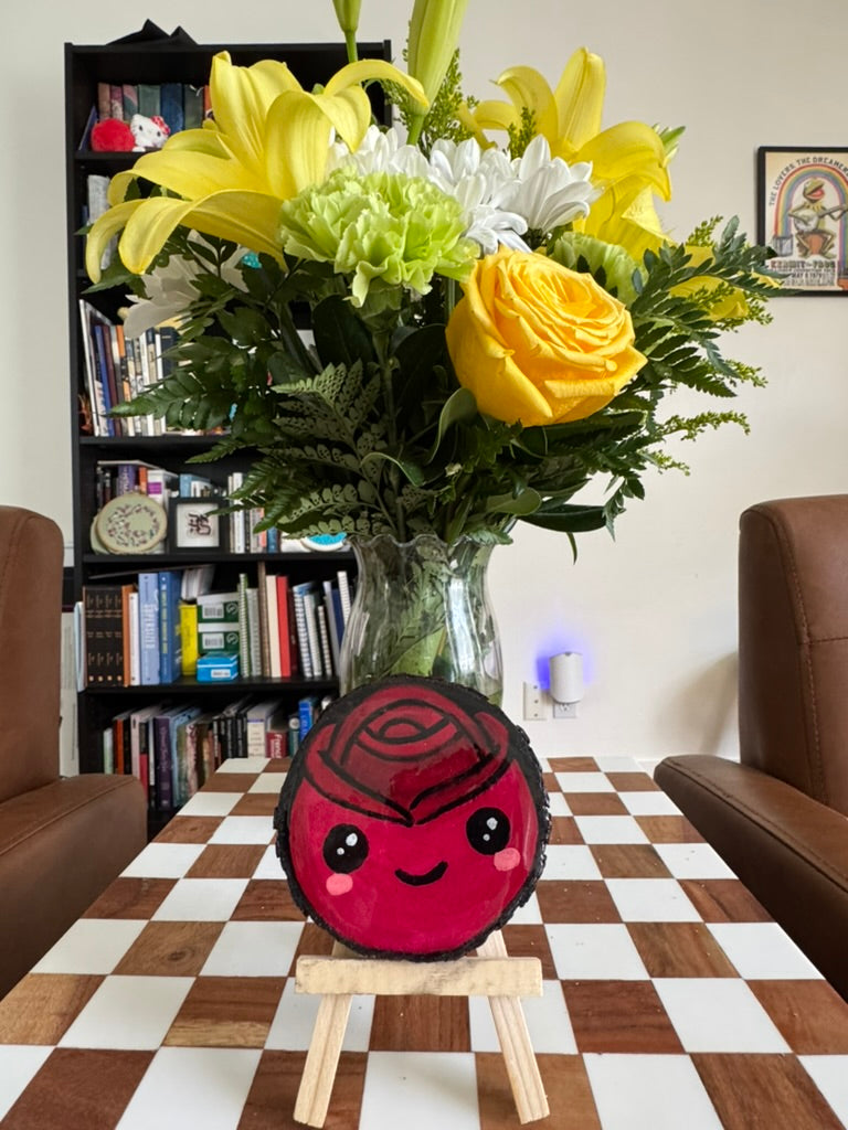 Kawaii Rose Wood Slice Painting
