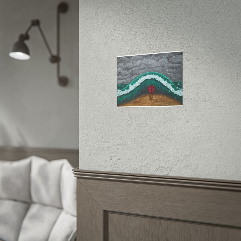 Stormy Wave Art Poster — Figure with Red Umbrella Beach Print