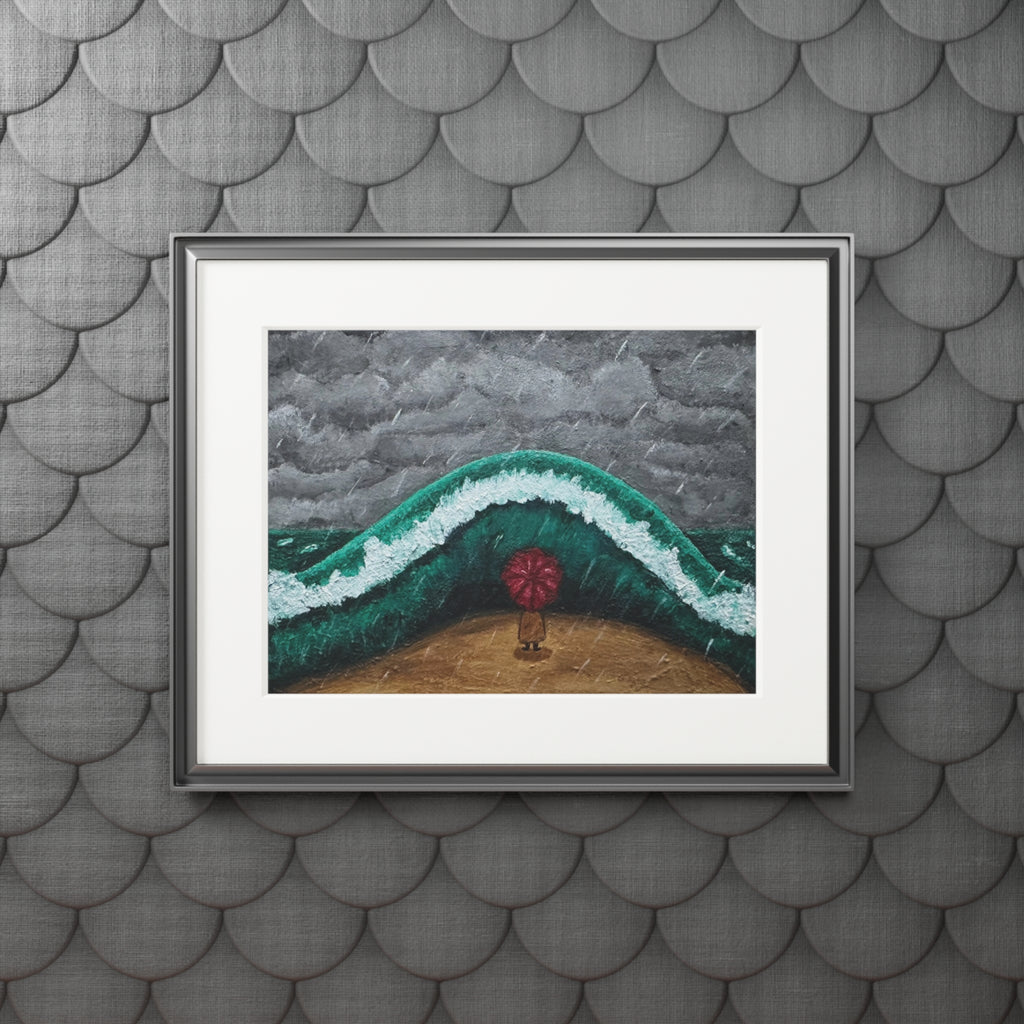 Fine Art Print — Beach Wave with Red Umbrella (Passepartout Frame)