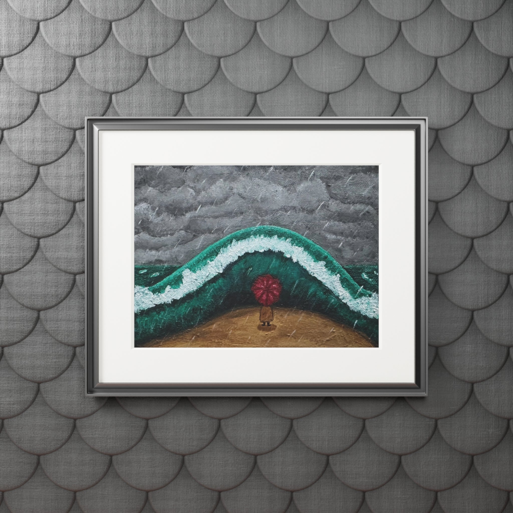 Fine Art Print — Beach Wave with Red Umbrella (Passepartout Frame)