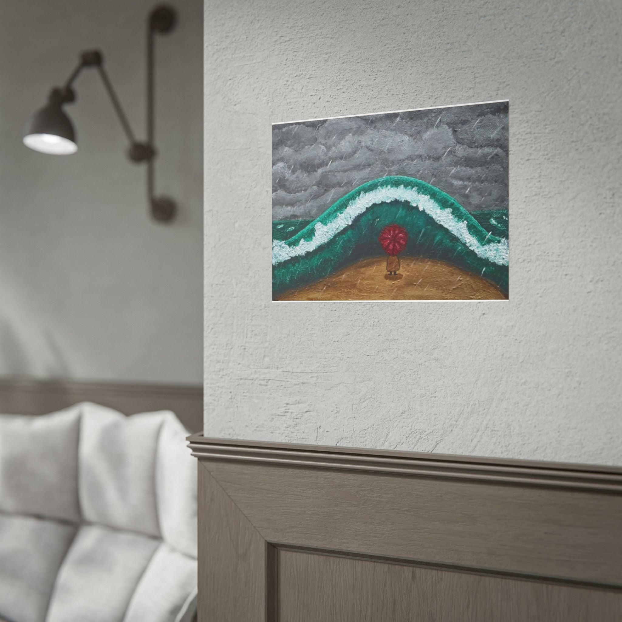 Stormy Wave Art Poster — Figure with Red Umbrella Beach Print