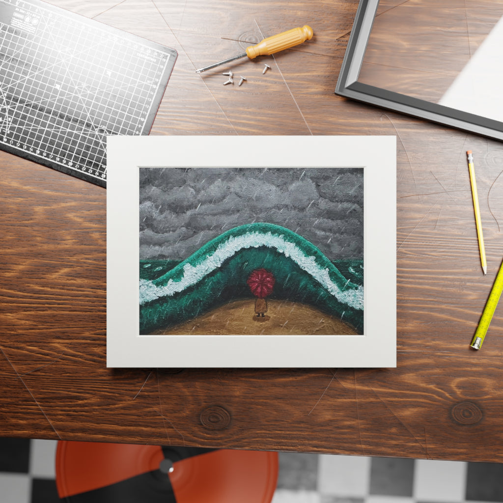 Fine Art Print — Beach Wave with Red Umbrella (Passepartout Frame)