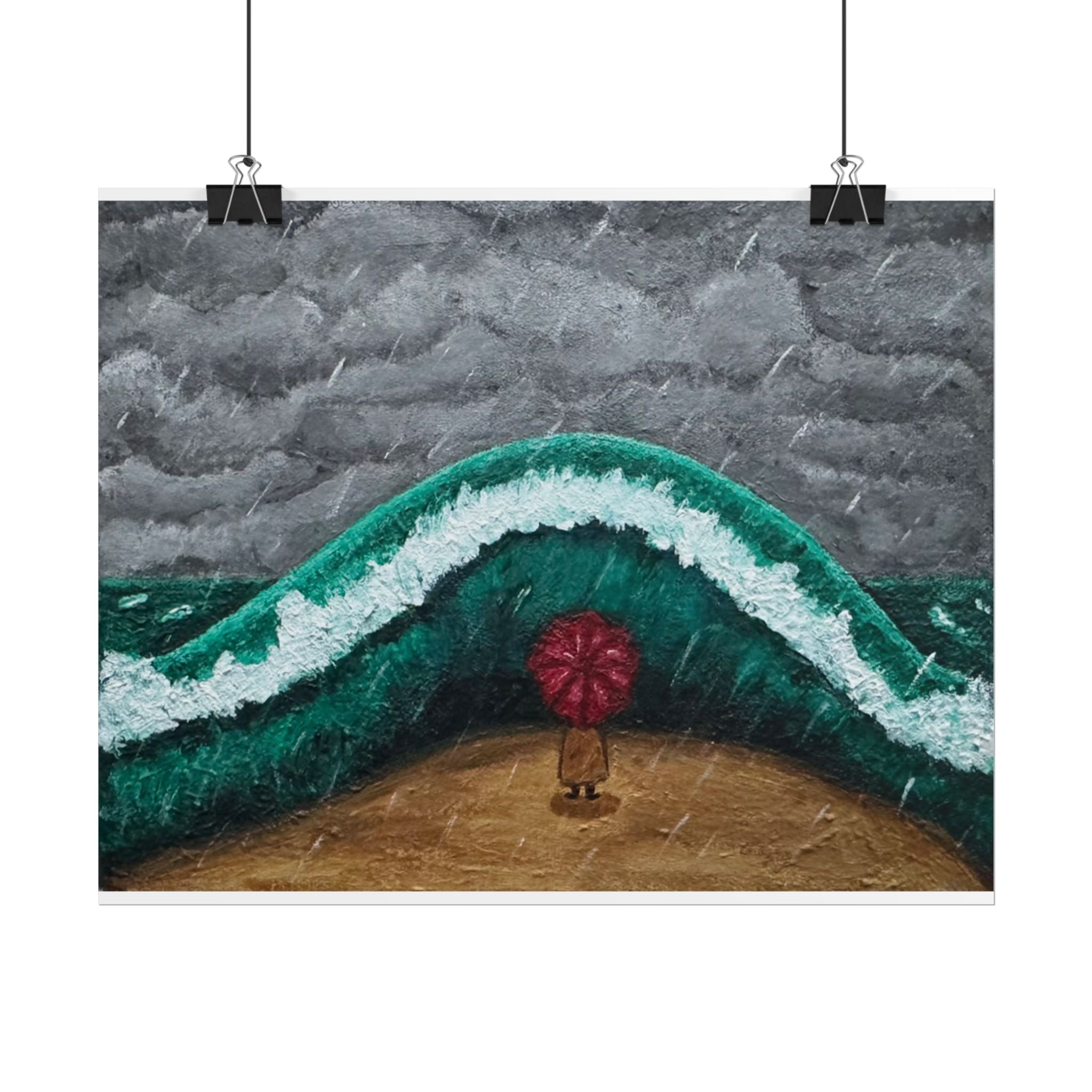 Stormy Wave Art Poster — Figure with Red Umbrella Beach Print