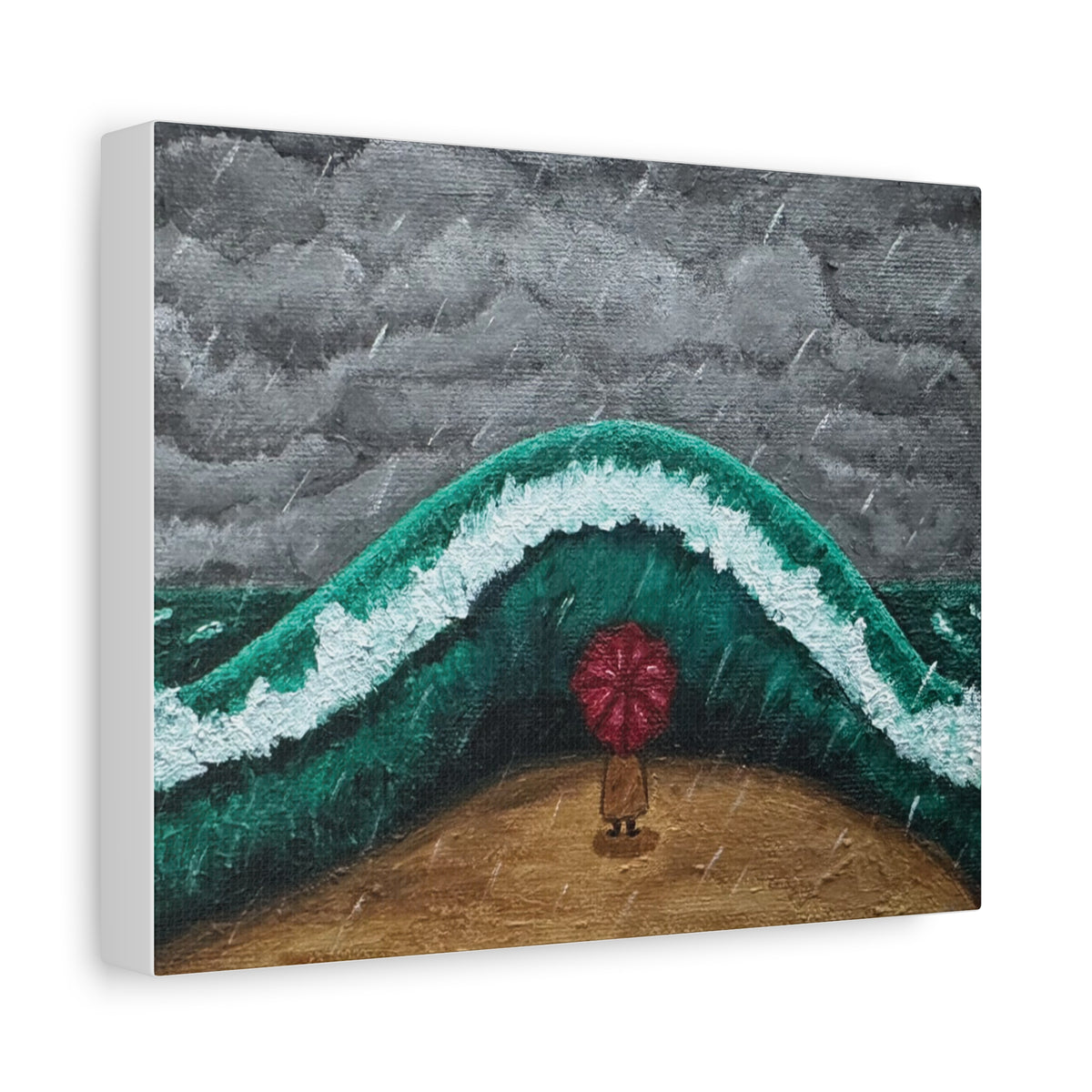 Stormy Beach Canvas Wall Art — Figure with Red Umbrella