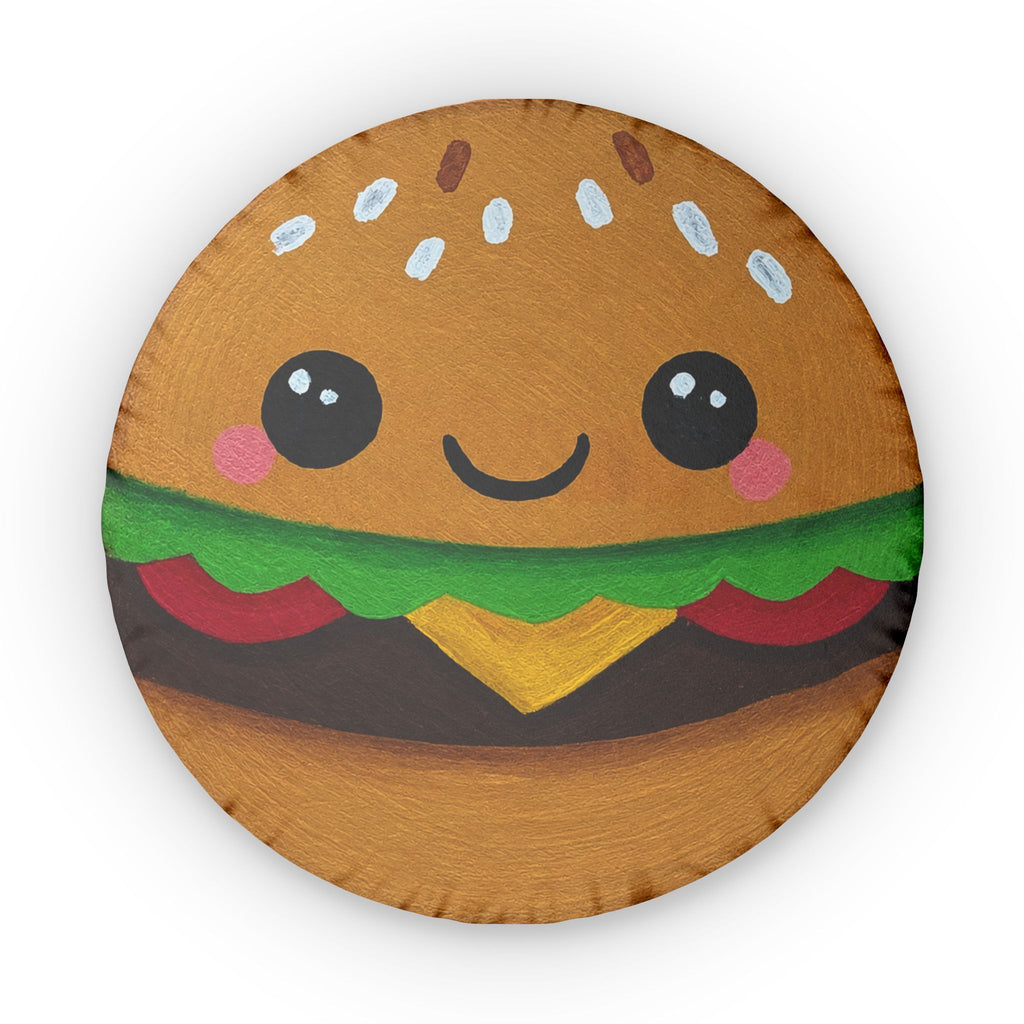 Kawaii Smiling Burger Round Pillow — Cute Food Decorative Cushion