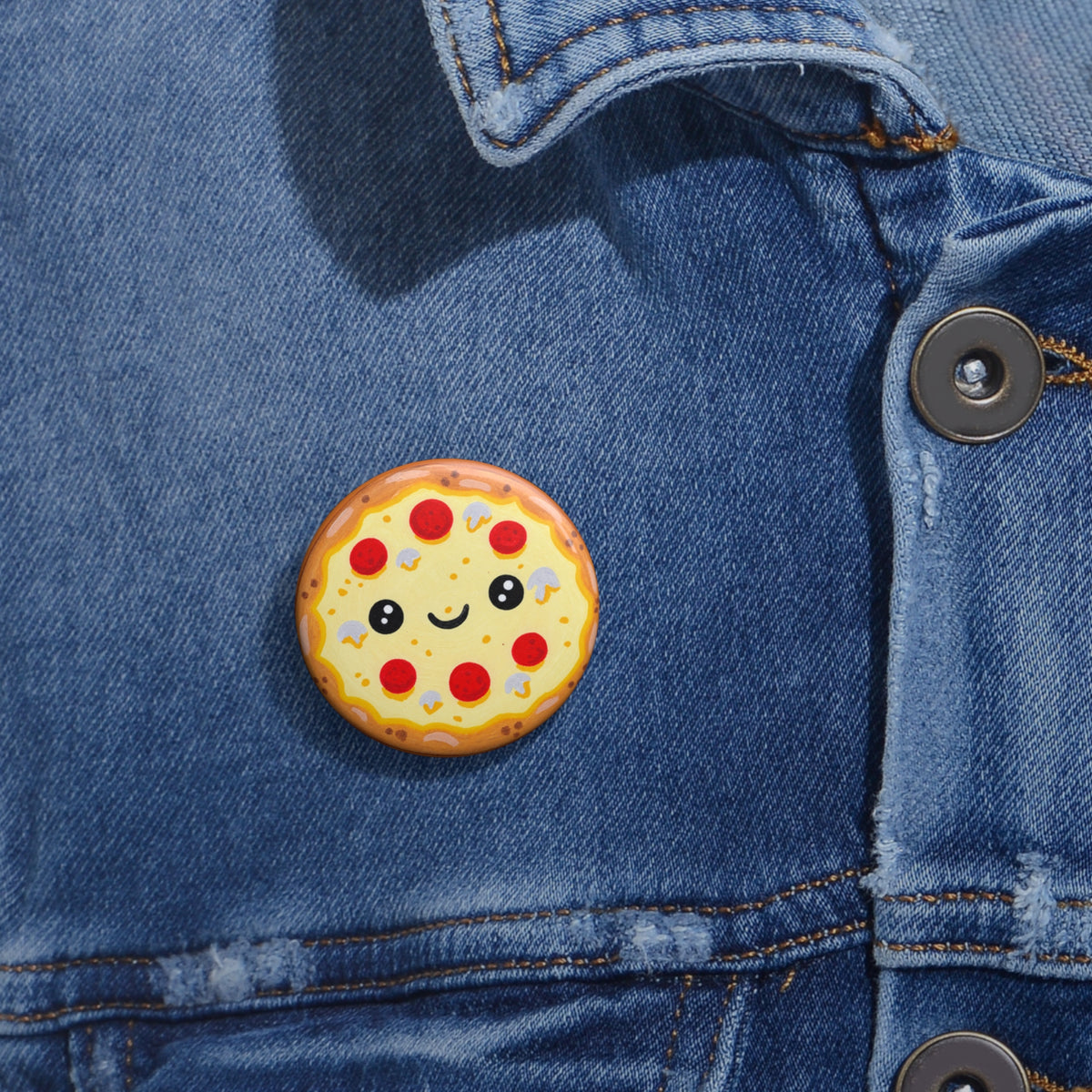 Cute Kawaii Pizza Pin Button — Pepperoni Smile Badge