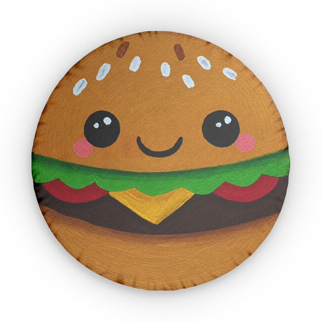 Kawaii Smiling Burger Round Pillow — Cute Food Decorative Cushion
