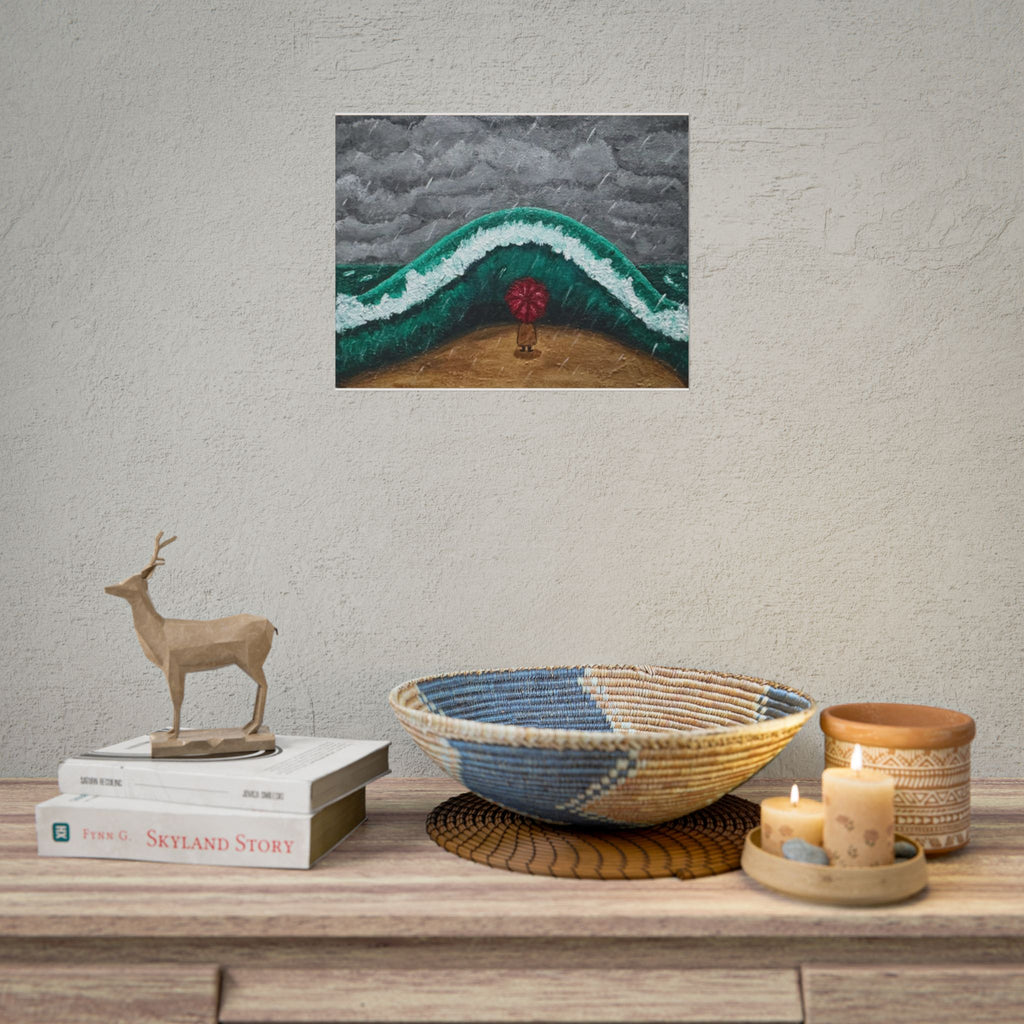 Stormy Wave Art Poster — Figure with Red Umbrella Beach Print