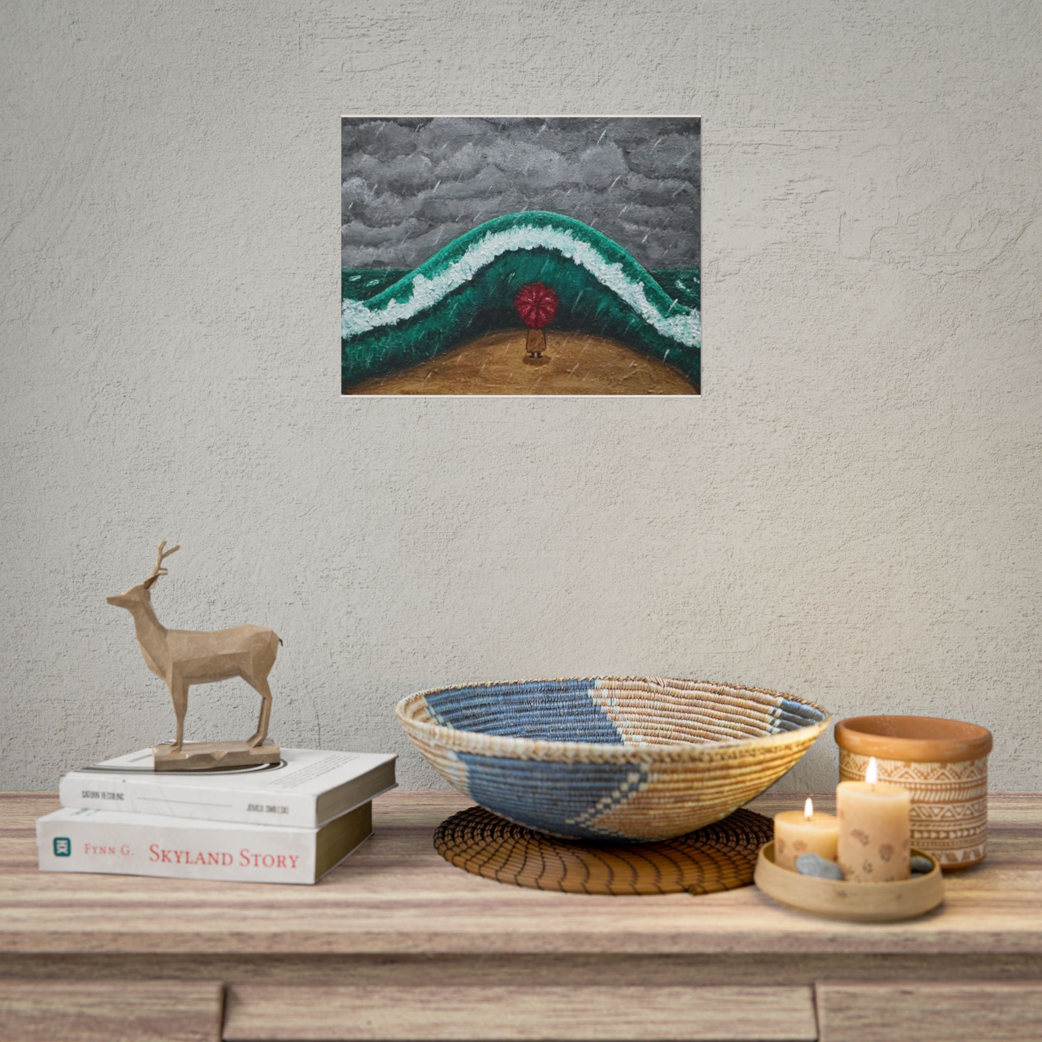 Stormy Wave Art Poster — Figure with Red Umbrella Beach Print