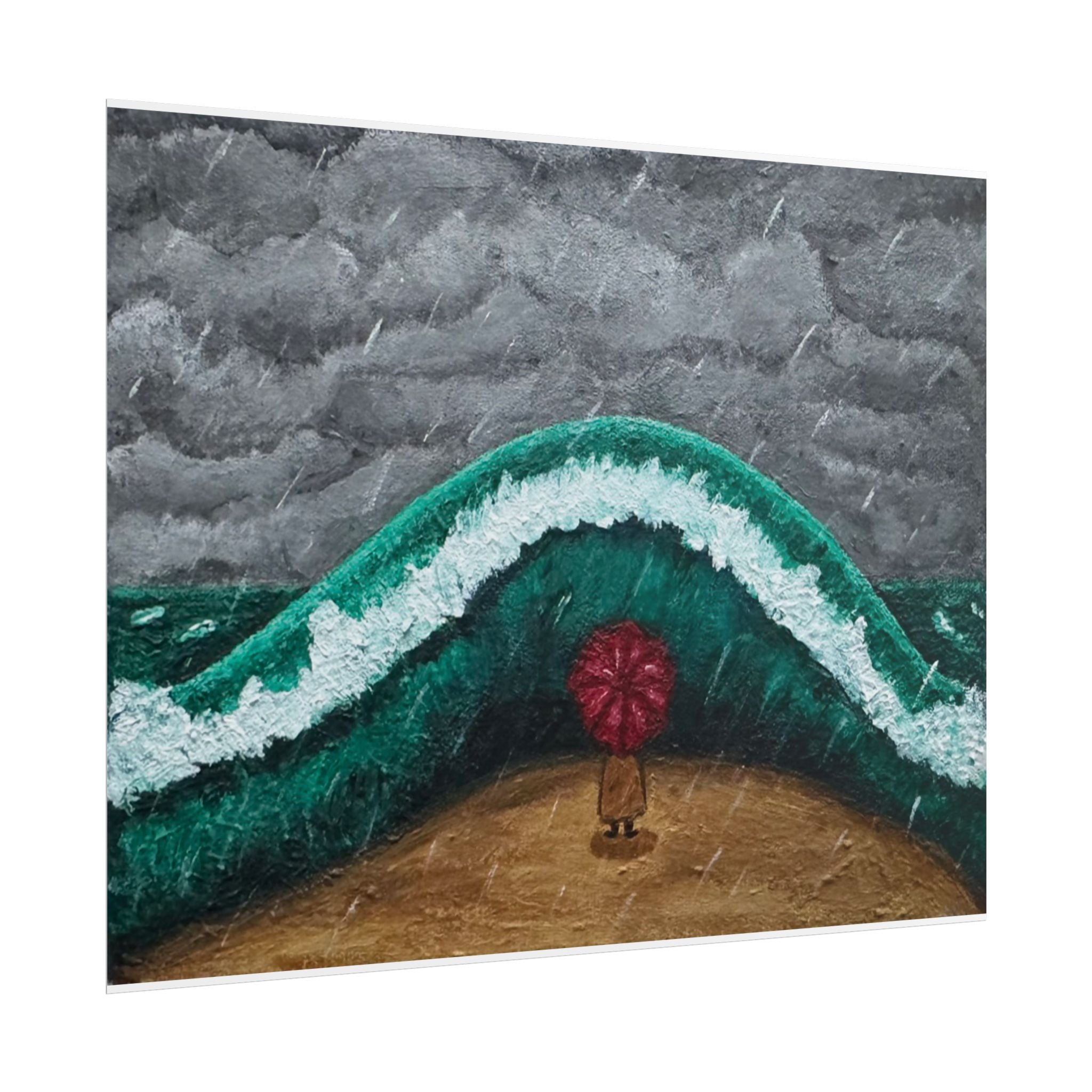 Stormy Wave Art Poster — Figure with Red Umbrella Beach Print