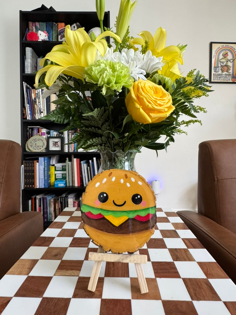 Adorable Hamburger Wood Slice Painting