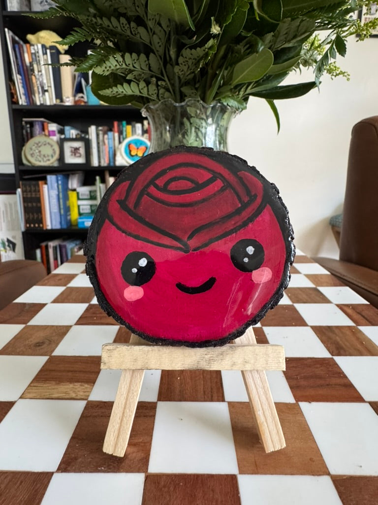 Kawaii Rose Wood Slice Painting