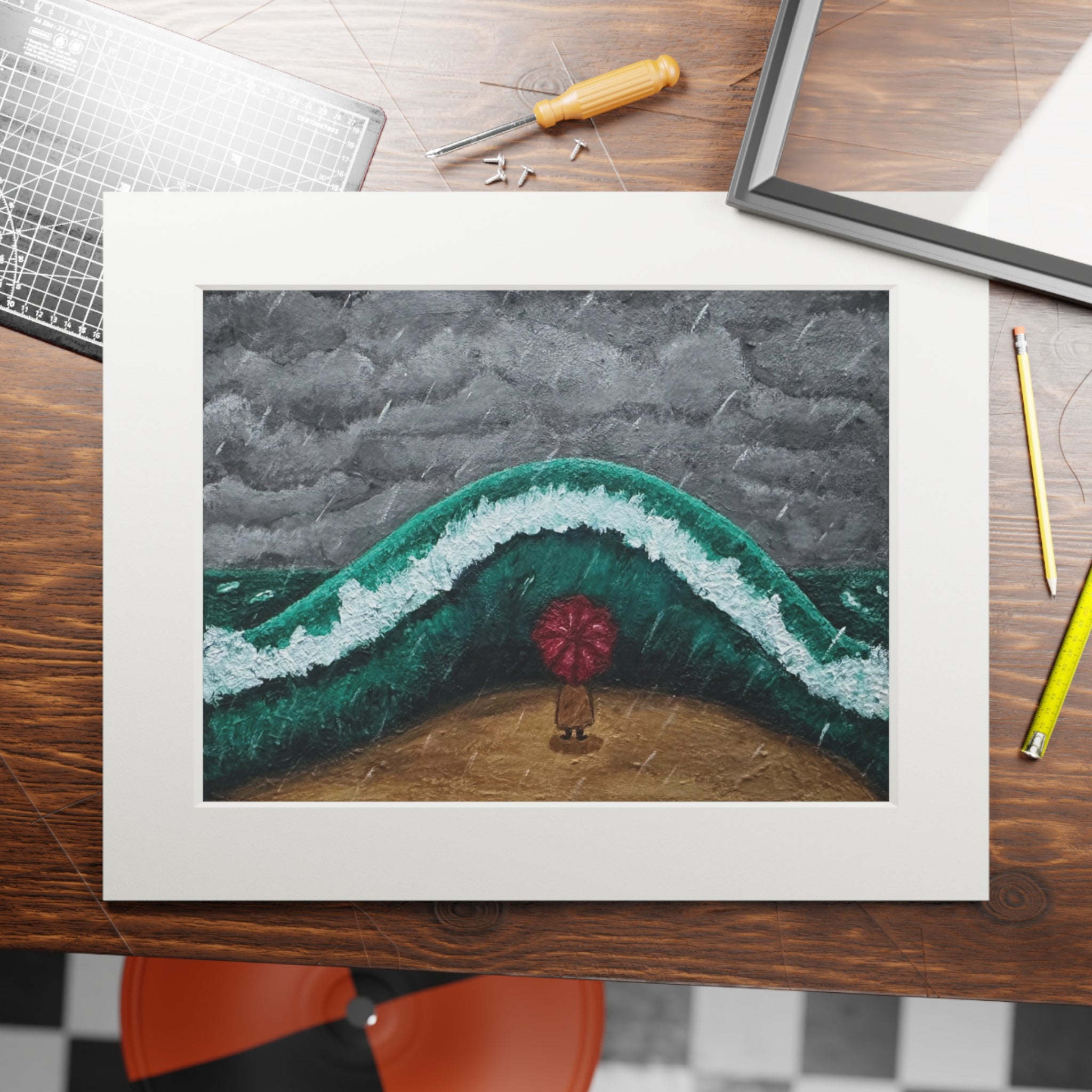 Fine Art Print — Beach Wave with Red Umbrella (Passepartout Frame)