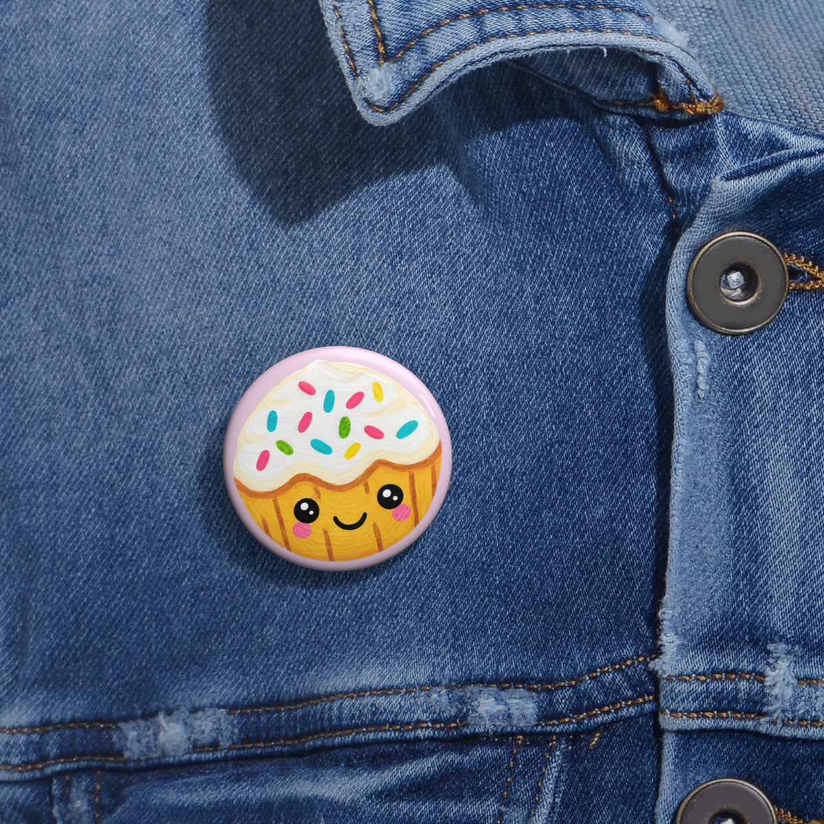 Cute Kawaii Cupcake Pin Button — Smiling Sprinkles Badge
