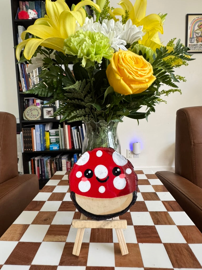 Kawaii Mushroom Wood Slice Painting