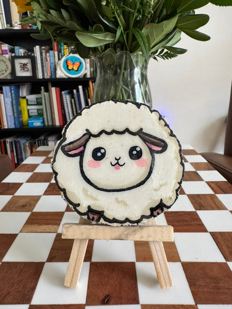 Kawaii Sheep Wood Slice Painting
