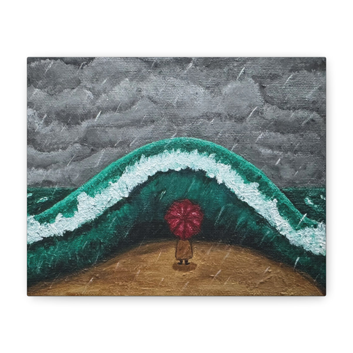 Stormy Beach Canvas Wall Art — Figure with Red Umbrella