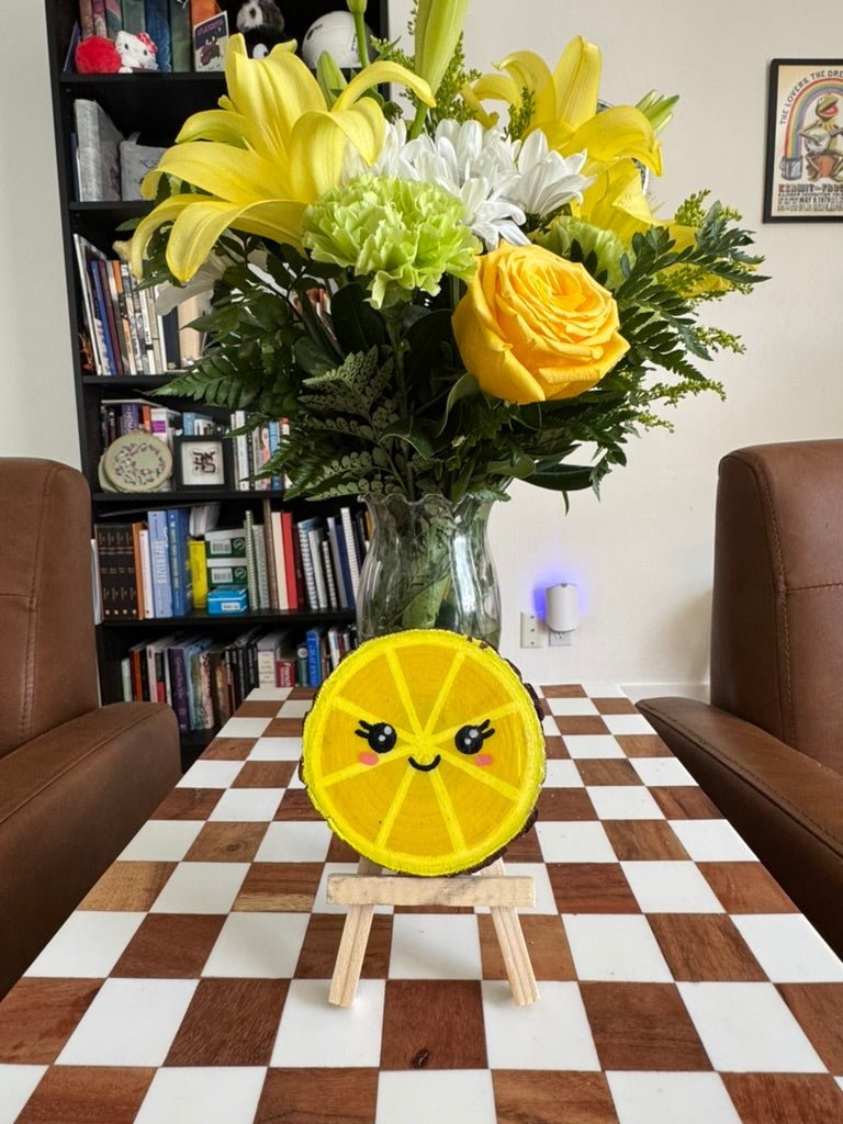 Kawaii Lemon Slice Painting on Wood