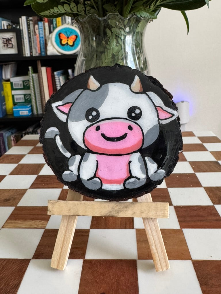 Kawaii Cow Painted Wood Slice