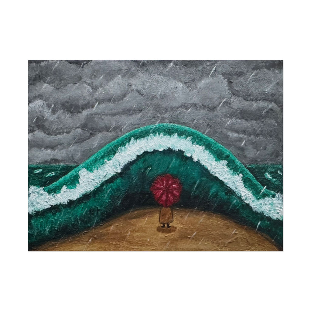 Stormy Wave Art Poster — Figure with Red Umbrella Beach Print