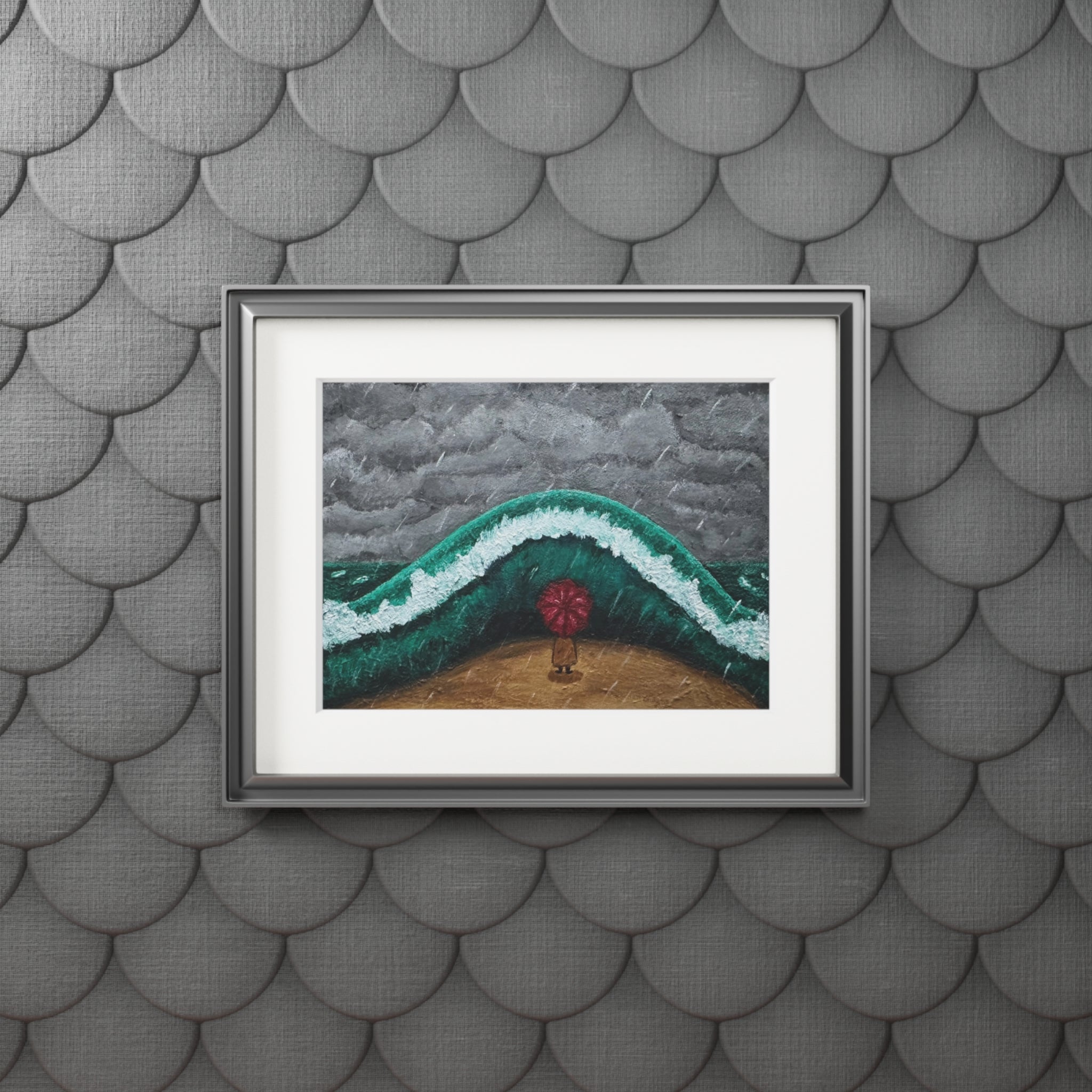Fine Art Print — Beach Wave with Red Umbrella (Passepartout Frame)